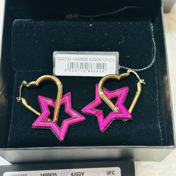 NIB Versace Heart Star Charm Greca Engraved Funky Gold Pink Hoop Earrings $925 - Picture 9 of 12